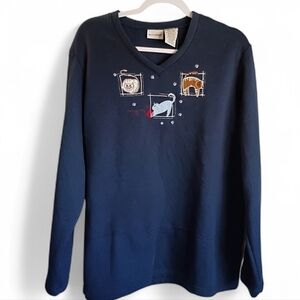 New White Stag Cat Embroidered Sweatshirt V Neck XL 16/18 Navy Paw Prints Fun!